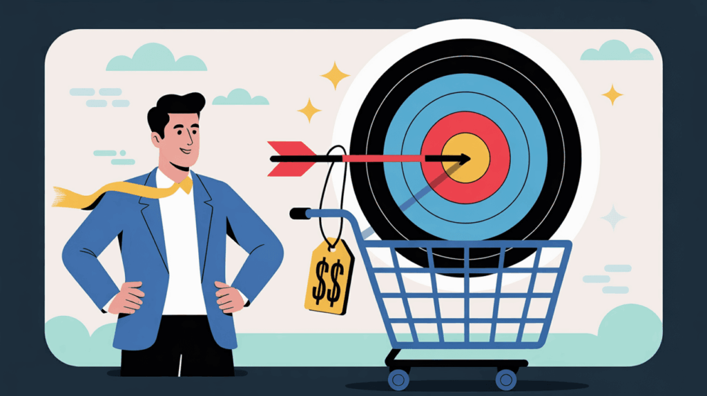 A smiling man in a blue jacket stands near a shopping cart with a large price tag. The cart contains a bullseye target hit by an arrow, symbolizing successful achievement—much like effective click fraud protection strategies.