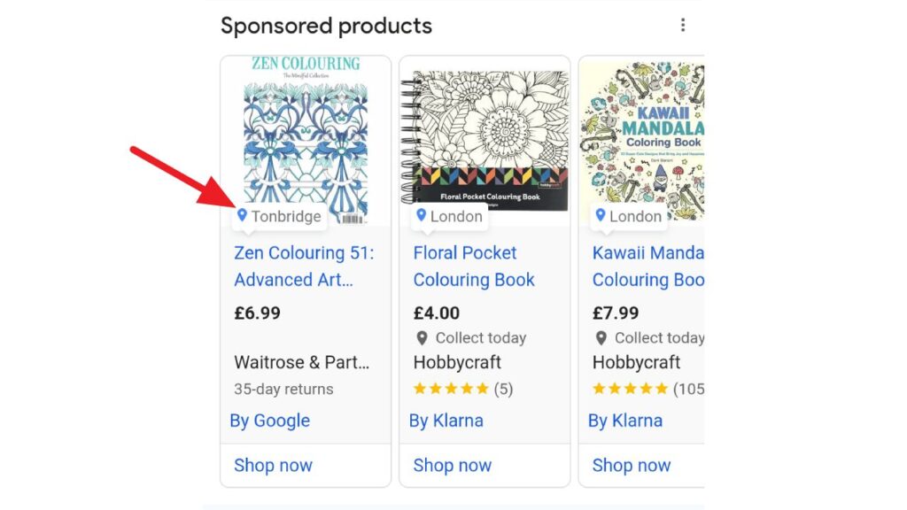 A screenshot of sponsored colouring books online. The first book, “Zen Colouring 51,” is highlighted with a red arrow and costs £6.99. The other books, with floral and mandala designs, display prices, locations, and seller details.