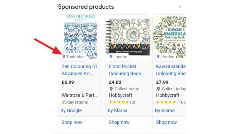 A screenshot of sponsored colouring books online. The first book, “Zen Colouring 51,” is highlighted with a red arrow and costs £6.99. The other books, with floral and mandala designs, display prices, locations, and seller details.
