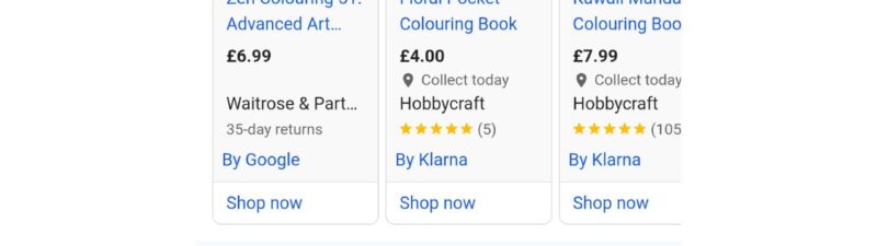A screenshot of sponsored colouring books online. The first book, “Zen Colouring 51,” is highlighted with a red arrow and costs £6.99. The other books, with floral and mandala designs, display prices, locations, and seller details.