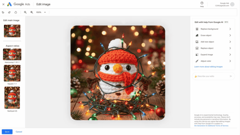 A crocheted snowman with a red scarf and hat is wrapped in colorful Christmas lights, resembling a scene created by the Google image generator. Festive ornaments and pinecones decorate a background of blurred, glowing holiday lights.