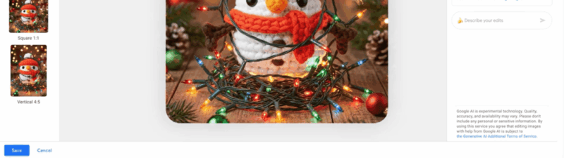 A crocheted snowman with a red scarf and hat is wrapped in colorful Christmas lights, resembling a scene created by the Google image generator. Festive ornaments and pinecones decorate a background of blurred, glowing holiday lights.