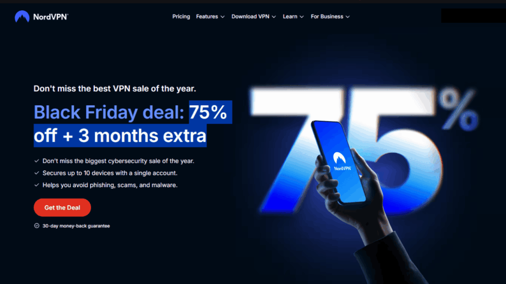 A dark-themed NordVPN promotional banner showcases "Black Friday deal: 75% off + 3 months extra" with a hand holding a smartphone showing the NordVPN logo, large "75%" in the background, and a red "Get the Deal" button for exclusive black friday ppc deals.