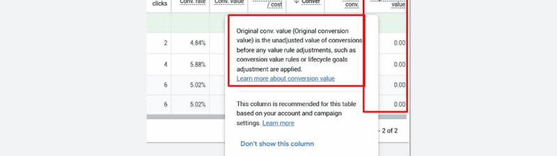 A screenshot of a Google Ads report displays conversion data, with the “Original Conversion Value” metric highlighted and a tooltip explaining it shows unadjusted conversion values before any adjustments.