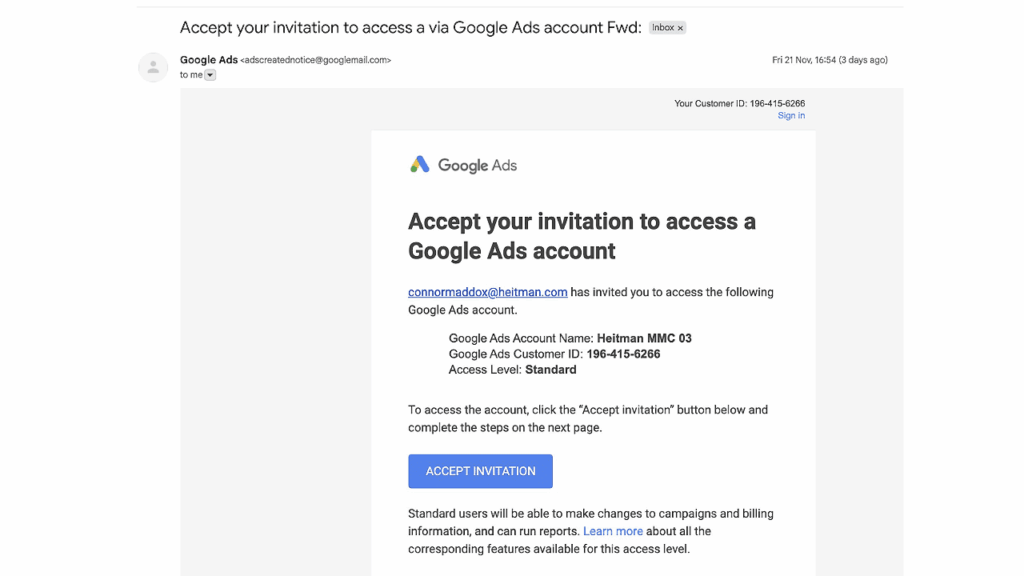 Screenshot of an email from Google Ads inviting the recipient to access a Google Ads account, which could be used in phishing attacks like MCC phishing. The email shows account details, instructions, and a central blue "Accept Invitation" button.