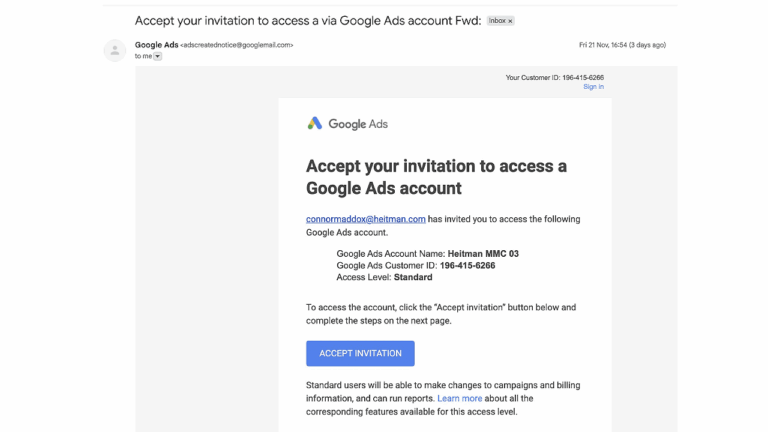 Screenshot of an email from Google Ads inviting the recipient to access a Google Ads account, which could be used in phishing attacks like MCC phishing. The email shows account details, instructions, and a central blue "Accept Invitation" button.