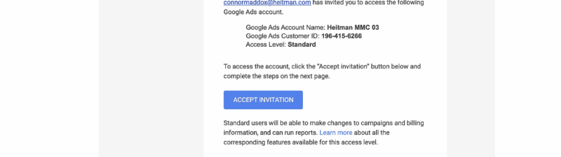 Screenshot of an email from Google Ads inviting the recipient to access a Google Ads account, which could be used in phishing attacks like MCC phishing. The email shows account details, instructions, and a central blue "Accept Invitation" button.