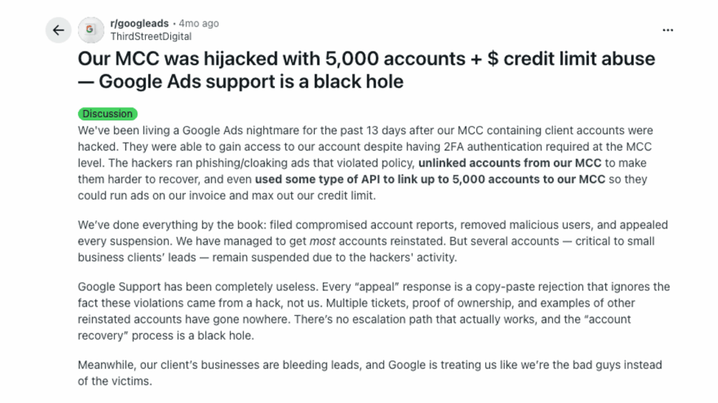 A social media post describes a Google Ads account hack involving 5,000 accounts and credit limit abuse, likely caused by MCC phishing. The post highlights frustration with Google Ads support, calling it ineffective and a “black hole.” A green “Discussion” label appears at the top.