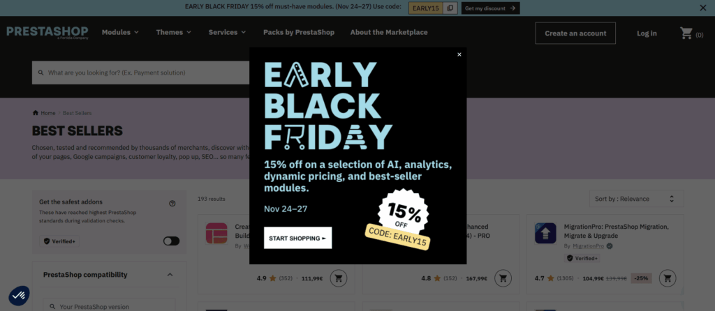 A pop-up ad on the PrestaShop website promotes “Early Black Friday” with 15% off select modules using code EARLY15, valid Nov 24–27. Perfect for grabbing exclusive Black Friday PPC deals, the ad overlays a blurred product listing page.
