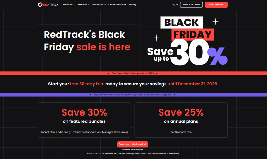 A promotional webpage for RedTrack’s Black Friday sale, showcasing exclusive black friday ppc deals—save up to 30%, enjoy a free 30-day trial, and get discounts on bundles and annual plans, all set against a striking black background with bold red, white, and purple text.