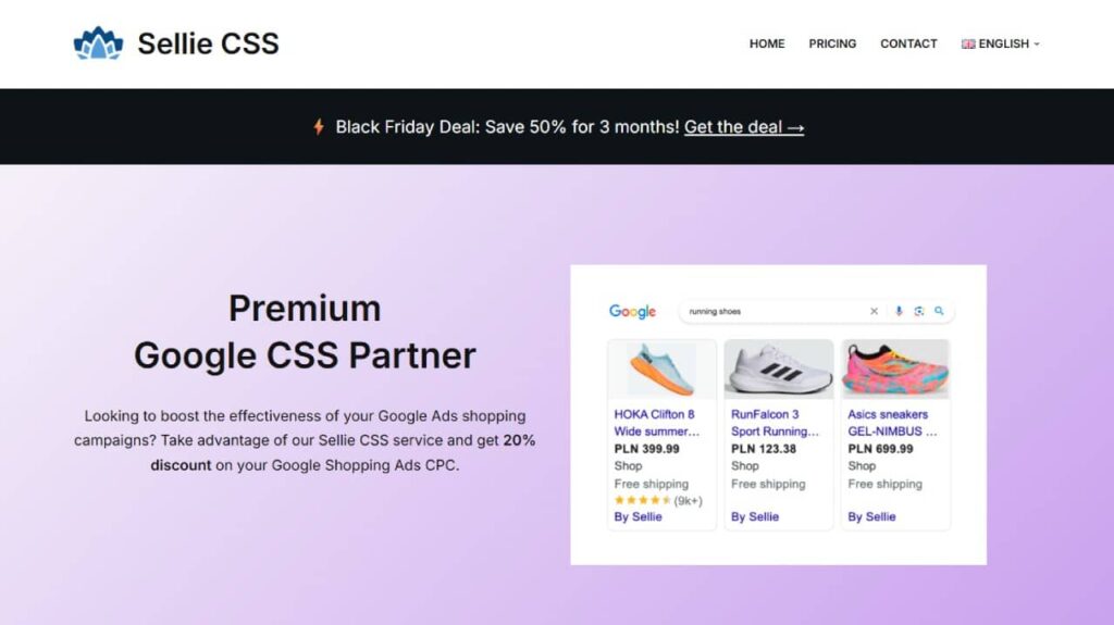 A website homepage for Sellie CSS, showing a header with exclusive Black Friday PPC deals, navigation links, and a section promoting their Google CSS Partner service with a screenshot of Google Shopping ads for shoes.