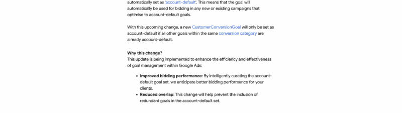 Screenshot of an email announcing changes to account-default behavior for new conversion goals in the Google Ads API, including details on what's changing and the benefits of improved bidding performance and reduced overlap.