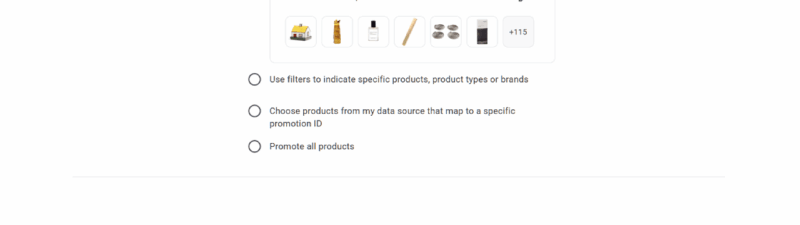 A FeedArmy Promotions setup page displaying options to select products for a promotion—121 products are preselected. Choices include filtering, mapping to a Merchant Center promotion ID, or promoting top performers or all products.