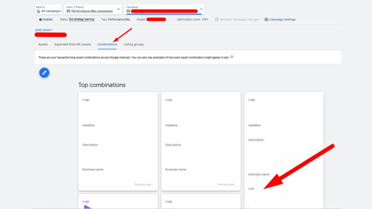A screenshot of the Google Ads Performance Max Top Combinations tab displays asset groups with logo, headline, description, and business name. A large red arrow highlights a “Link” field in one of the combination cards.