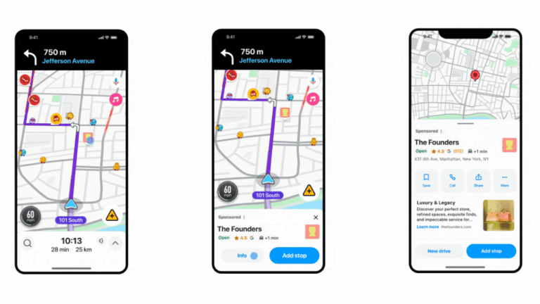 Three smartphone screens showcase a navigation app featuring Waze Ads, a map with route details, driving directions, hazard icons, and a highlighted location called "The Founders" promoting in-store visits with additional information.