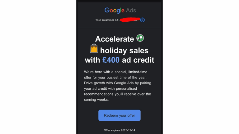 A Google Ads promotional email offering £400 Google bonus credit for holiday and year-end spend. Text encourages redeeming the offer, with a blue button labeled "Redeem your offer." Offer expires 2025-12-14. Customer ID is partially redacted.