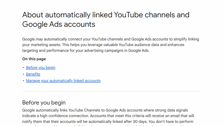 Screenshot of a Google support page titled "About automatically linked YouTube channels and Google Ads accounts," featuring sections on Auto-Link YouTube Channels, Eligible Accounts, benefits, how to begin, and managing linked accounts. The page includes links and intro text.