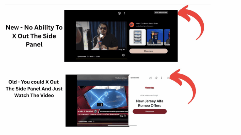 Comparison of two YouTube ad layouts: the new version (top) keeps the sidebar ad panel fixed, while the old version (bottom) lets you remove it with an “X” and watch your video without mobile ads blocking part of the screen.