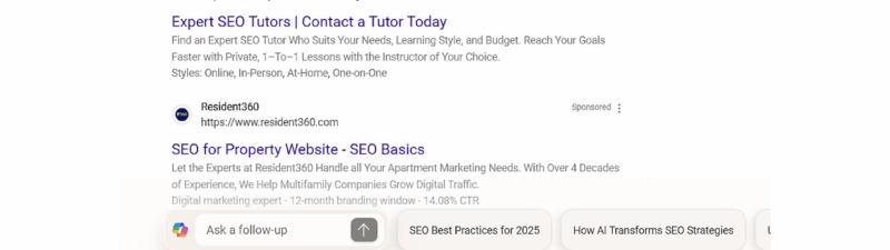 A Google search results page with an ad for “Prepare your SEO for LLMs” at the top, highlighting Ad Label Placement. A red arrow points to the “Prebuilt Agents” link. Other results appear below, similar to layouts seen on Bing or Microsoft platforms.