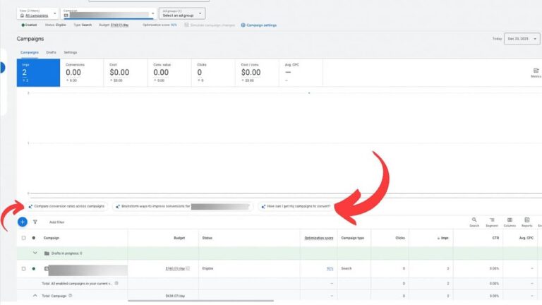 Screenshot of an online advertising campaign dashboard, with two red arrows highlighting the Suggestions from Ads Advisor near the comparison options and campaign selector sections in the middle of the Google Ads screen.