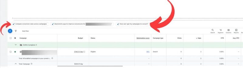 Screenshot of an online advertising campaign dashboard, with two red arrows highlighting the Suggestions from Ads Advisor near the comparison options and campaign selector sections in the middle of the Google Ads screen.