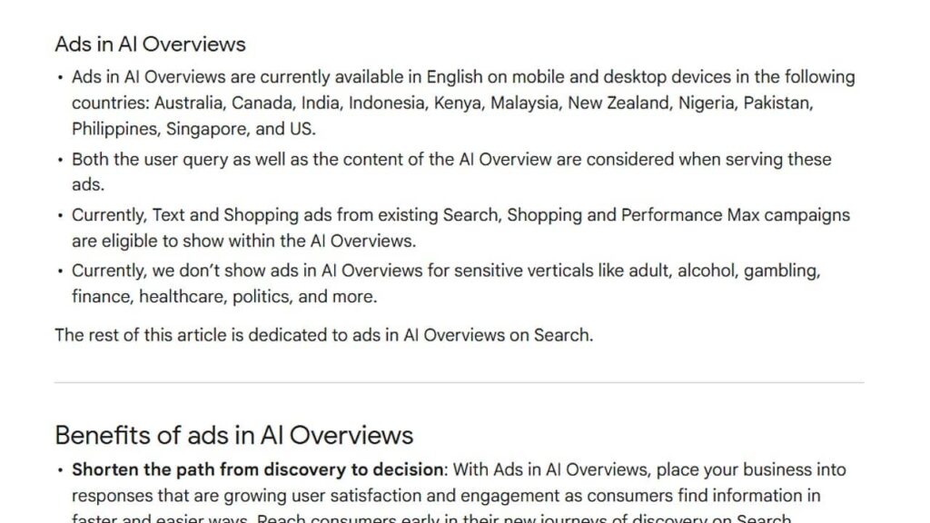 A screenshot of a webpage section titled "Ads in AI Overviews" explains where AI advertising is available and offers considerations about content and exclusions for sensitive topics. The next section highlights the benefits of ads in AI Overviews.