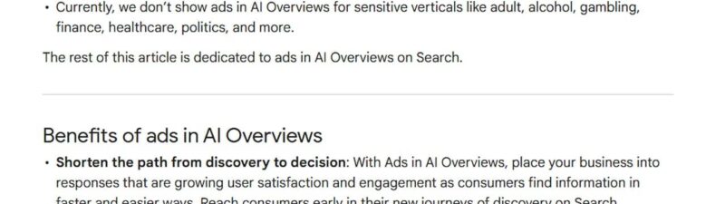 A screenshot of a webpage section titled "Ads in AI Overviews" explains where AI advertising is available and offers considerations about content and exclusions for sensitive topics. The next section highlights the benefits of ads in AI Overviews.