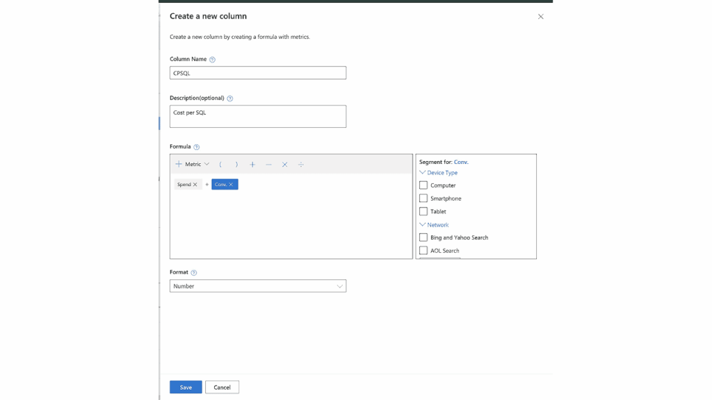 Screenshot of a form titled "Create a new column" for Custom Columns in Microsoft Ads. It includes fields for column name, description, a formula editor, and format options. A side panel shows segment options like Computer and Smartphone. Save and Cancel buttons appear below.