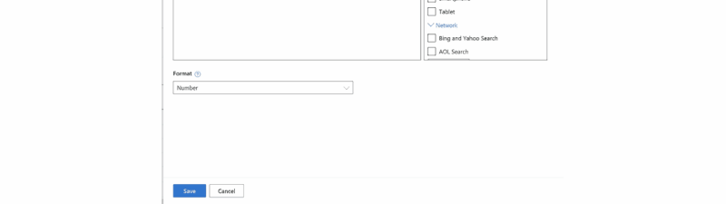 Screenshot of a form titled "Create a new column" for Custom Columns in Microsoft Ads. It includes fields for column name, description, a formula editor, and format options. A side panel shows segment options like Computer and Smartphone. Save and Cancel buttons appear below.
