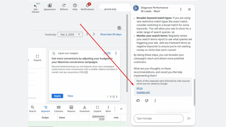 A screenshot of the Google Ads Advisor interface displays campaign budget suggestions on the left and an AI chat window on the right, offering keyword and ad performance tips, with a red arrow pointing from left to right.