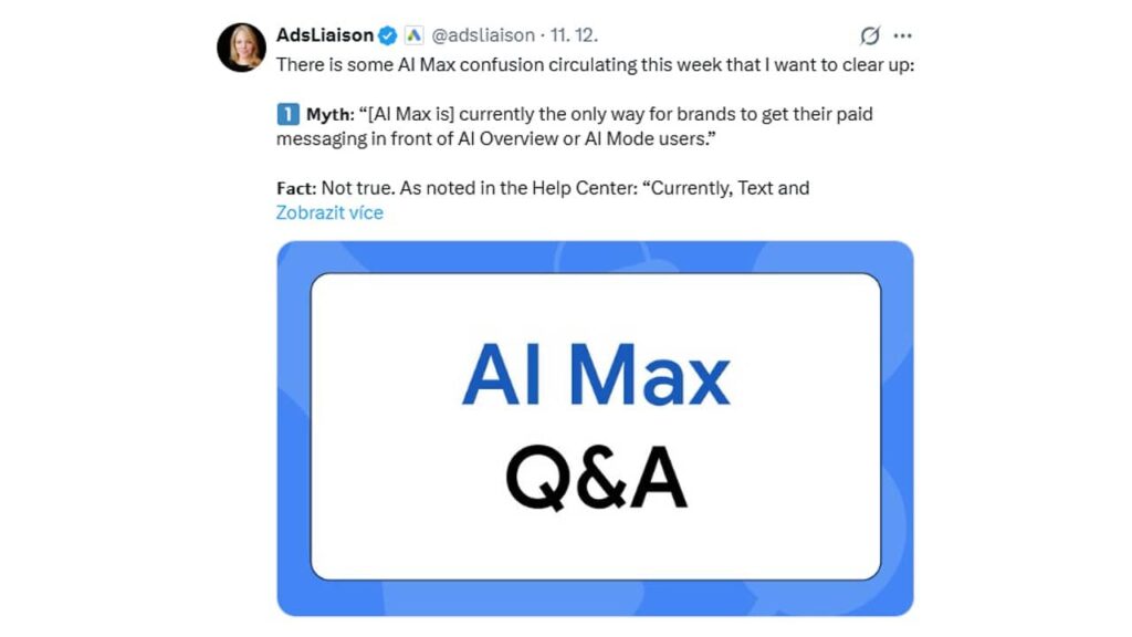 A tweet from AdsLiaison clarifies a myth about AI Max, stating it's not the only way for brands to get paid messaging in front of AI Overviews or AI Mode users—even options like exact match and broad match exist. The image shows "AI Max Q&A" on a blue-bordered white card.
