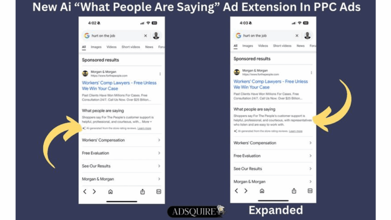 A side-by-side comparison of two Search Ads screenshots: the left shows a collapsed ad with a "What people are saying" section, while the right displays AI-Powered Review Snippets expanded to reveal a customer review beneath that section.