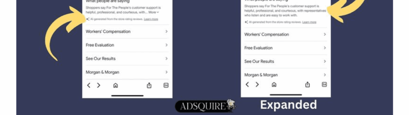 A side-by-side comparison of two Search Ads screenshots: the left shows a collapsed ad with a "What people are saying" section, while the right displays AI-Powered Review Snippets expanded to reveal a customer review beneath that section.