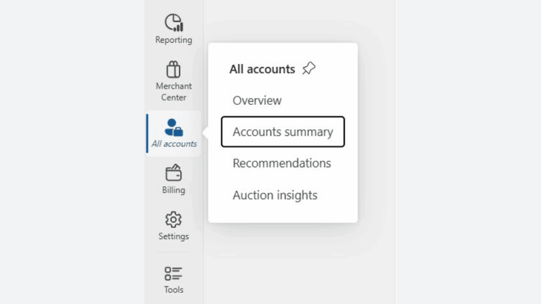A sidebar menu is open on a dashboard, highlighting the "All Accounts view" section in Microsoft Ads. The "Accounts summary" option is selected in a dropdown, with other options like Overview and Recommendations visible.