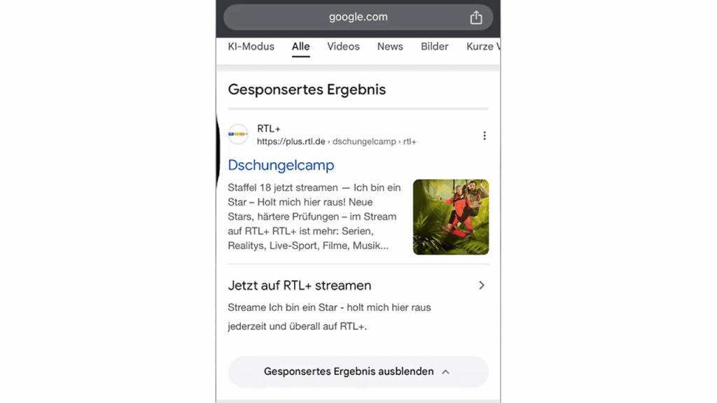 A mobile search results page in German shows a sponsored Google Search Ad for "Dschungelcamp" on RTL+, featuring an animated image asset of a person in a jungle setting, with options to stream the show online.