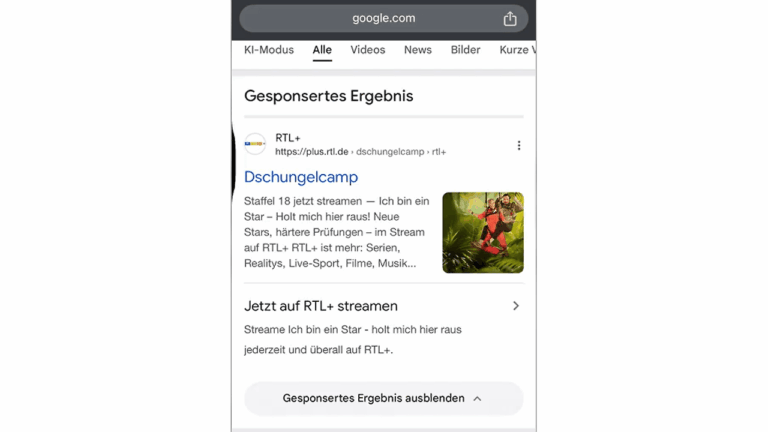 A mobile search results page in German shows a sponsored Google Search Ad for "Dschungelcamp" on RTL+, featuring an animated image asset of a person in a jungle setting, with options to stream the show online.