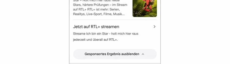 A mobile search results page in German shows a sponsored Google Search Ad for "Dschungelcamp" on RTL+, featuring an animated image asset of a person in a jungle setting, with options to stream the show online.