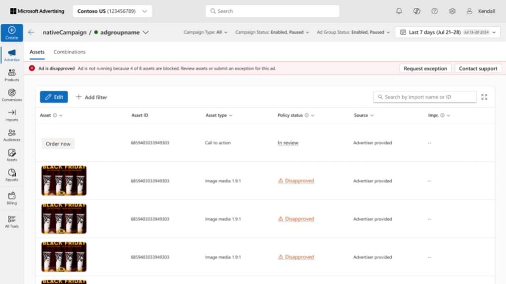 A Microsoft Advertising dashboard shows a campaign with multiple image assets, most marked "Disapproved" for policy violations. A warning banner about blocked assets appears above a table listing asset details and statuses.