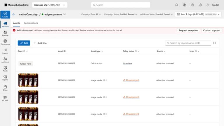 A Microsoft Advertising dashboard shows a campaign with multiple image assets, most marked "Disapproved" for policy violations. A warning banner about blocked assets appears above a table listing asset details and statuses.