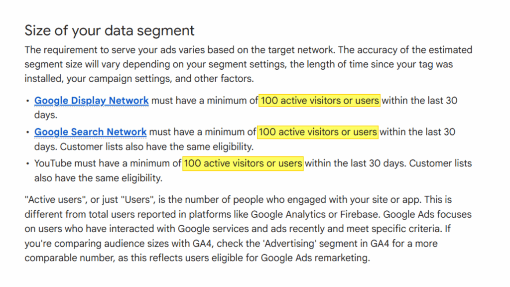A webpage explains minimum Google audience size limit requirements for ad networks, highlighting that both Google Display Network and Google Search Network campaign types need at least 100 active users in the last 30 days.