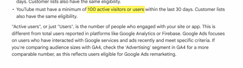 A webpage explains minimum Google audience size limit requirements for ad networks, highlighting that both Google Display Network and Google Search Network campaign types need at least 100 active users in the last 30 days.