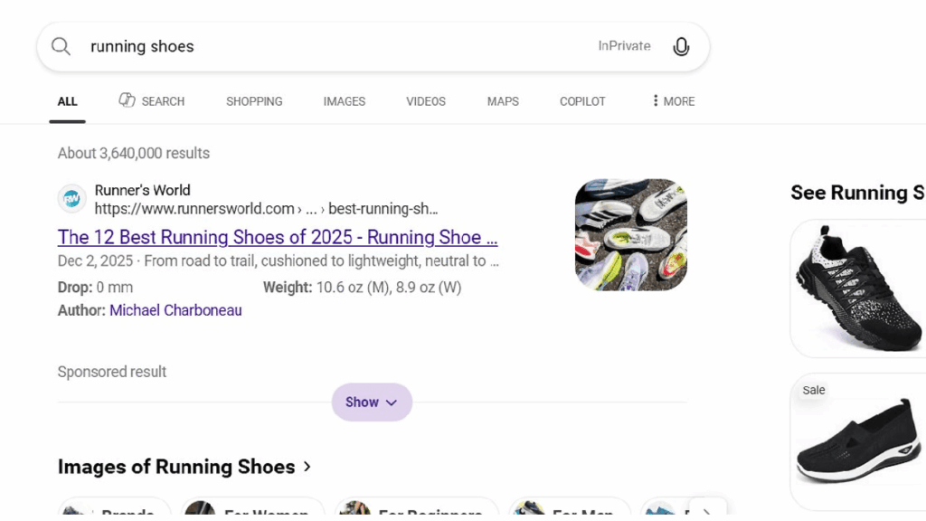 Google search results page for "running shoes," featuring a highlighted article about the best running shoes of 2025, a small image of several shoes, and links for related searches and shopping—similar to Google-style grouping or Bing sponsored results.