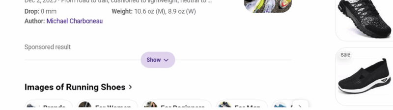 Google search results page for "running shoes," featuring a highlighted article about the best running shoes of 2025, a small image of several shoes, and links for related searches and shopping—similar to Google-style grouping or Bing sponsored results.