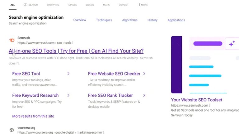 Screenshot of a search engine optimization webpage displaying various SEO tools and features, including options for site audit, keyword research, SEO checker, and rank tracker, with sections highlighted in purple.
