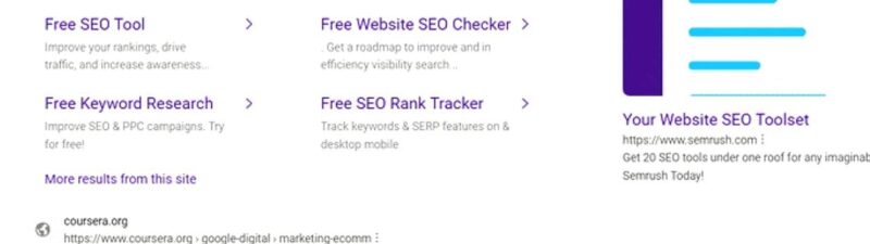 Screenshot of a search engine optimization webpage displaying various SEO tools and features, including options for site audit, keyword research, SEO checker, and rank tracker, with sections highlighted in purple.
