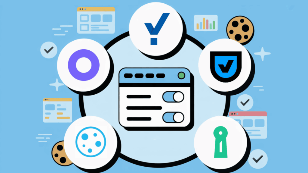 Illustration of a central dashboard with toggle switches, surrounded by icons for security, cookies, privacy, analytics, and verification, on a blue background—representing data and privacy controls for site compliance using Google-certified CMPs.