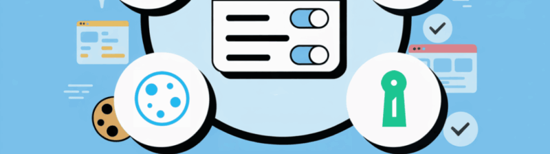 Illustration of a central dashboard with toggle switches, surrounded by icons for security, cookies, privacy, analytics, and verification, on a blue background—representing data and privacy controls for site compliance using Google-certified CMPs.