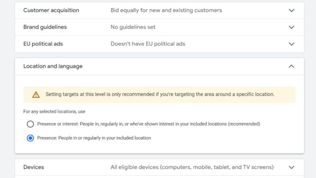 A screenshot of an ad management platform showing settings for customer acquisition, brand guidelines, EU political ads, and Demand Gen Campaigns—with a highlighted note emphasizing Location Targeting to reach specific areas.