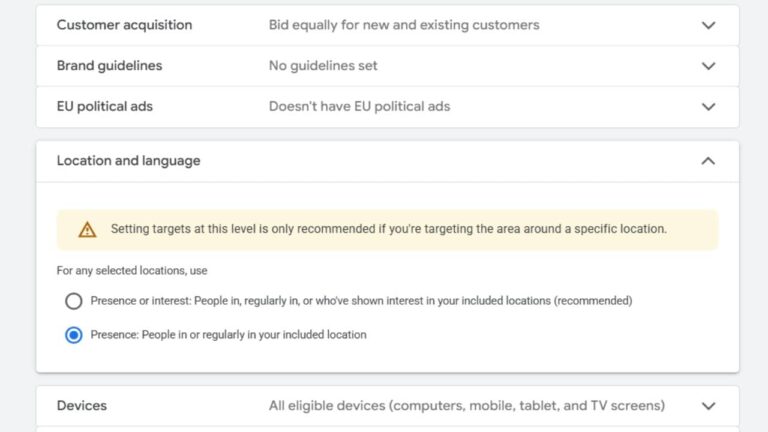 A screenshot of an ad management platform showing settings for customer acquisition, brand guidelines, EU political ads, and Demand Gen Campaigns—with a highlighted note emphasizing Location Targeting to reach specific areas.