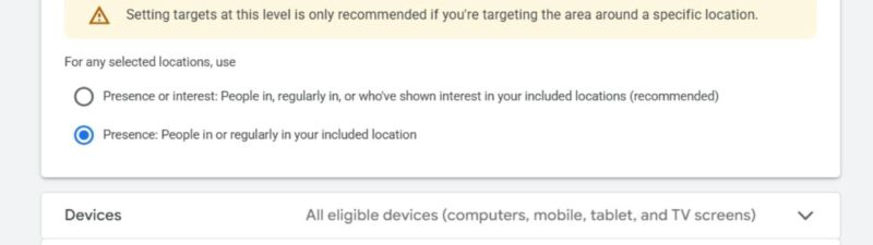A screenshot of an ad management platform showing settings for customer acquisition, brand guidelines, EU political ads, and Demand Gen Campaigns—with a highlighted note emphasizing Location Targeting to reach specific areas.